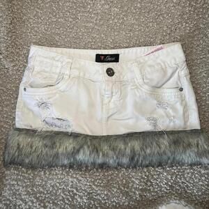 Guess Y2K Low Rise Fur Trim Mini Skirt White Distressed Reworked McBling